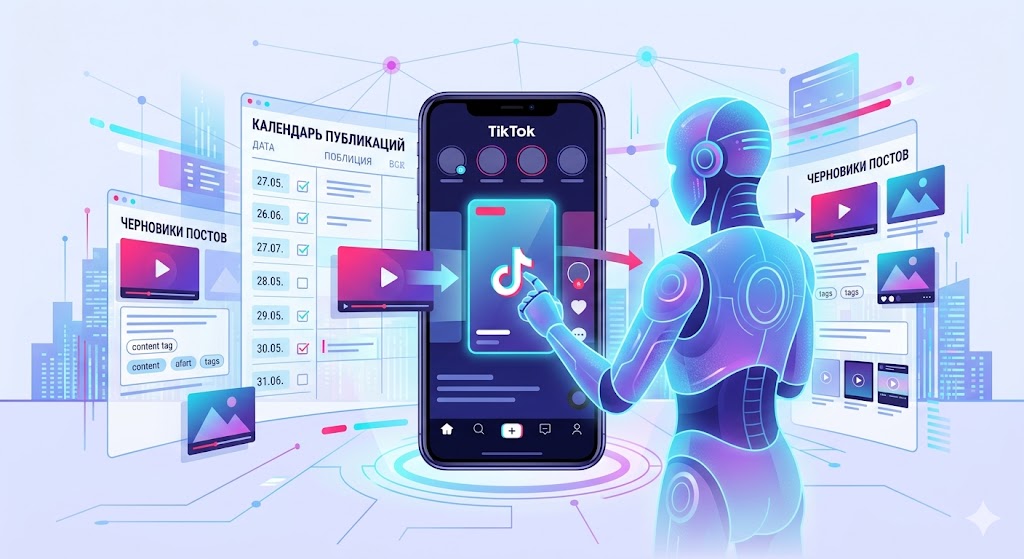 Вертикальная иллюстрация для статьи о TikTok-автоматизации: экран смартфона с интерфейсом TikTok-слайдшоу, AI-агент, календарь публикаций, драфты постов, современный технологичный стиль, акцент на автоматизацию контента, без текста