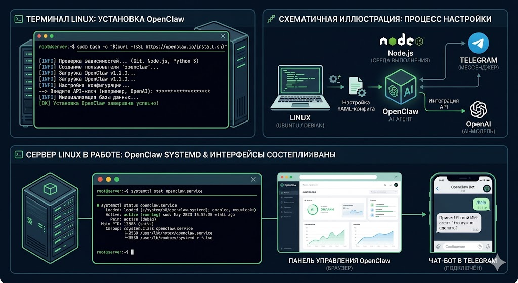 Терминал Linux на тёмном фоне с командой установки OpenClaw, современный серверный стиль, акцент на консоль и процесс настройки ИИ-агента Схематичная иллюстрация установки OpenClaw на Ubuntu и Debian: ноутбук с Linux, логотипы Node.js, Telegram и AI-агента, минималистичный технологичный стиль Сервер Linux с запущенным systemd-сервисом OpenClaw, панель управления в браузере и подключённый чат-бот в мессенджере, чистая техническая иллюстрация