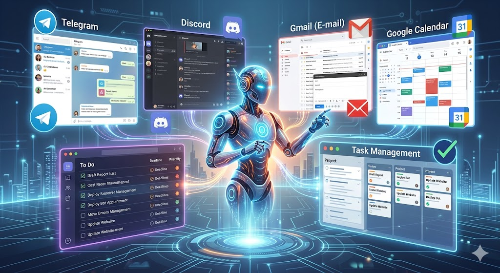 Современный AI-агент OpenClaw как цифровой ассистент для работы и автоматизации, интерфейсы Telegram, Discord, почта, календарь и задачи вокруг него, футуристичная, но реалистичная иллюстрация без текста