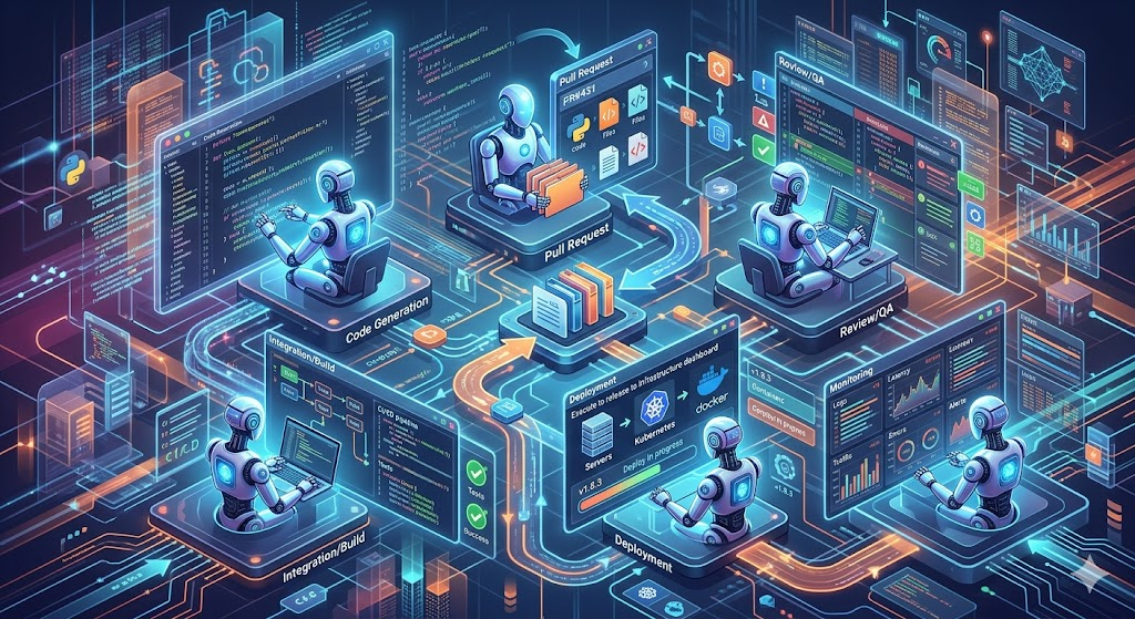 Несколько специализированных AI-агентов параллельно работают над разработкой продукта: код, pull request, ревью, деплой и мониторинг, визуализация многоагентного рабочего процесса, реалистичный tech-art без надписей