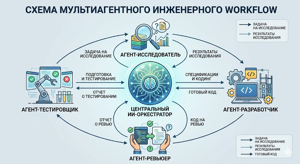 Схематичная иллюстрация мультиагентного инженерного workflow: центральный ИИ-оркестратор распределяет задачи между агентами-исследователем, разработчиком, ревьюером и тестировщиком, современный технический стиль, без текста, чистая композиция