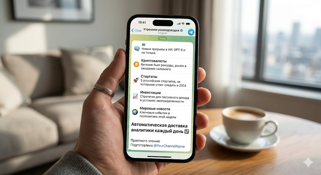 Смартфон с открытым Telegram, на экране персональная утренняя разведсводка: аккуратный список тем — AI, криптовалюты, стартапы, инвестиции, мировые новости; современный минималистичный интерфейс, реалистичный стиль, акцент на автоматическую доставку аналитики