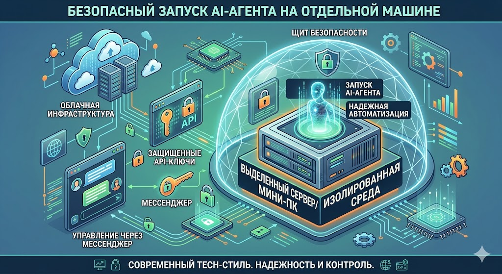 Безопасный запуск AI-агента на отдельной машине: небольшой сервер или мини-компьютер в изолированной среде, щит безопасности, облачная инфраструктура, защищенные API-ключи и мессенджер, визуальный образ надежной автоматизации, современный tech-стиль