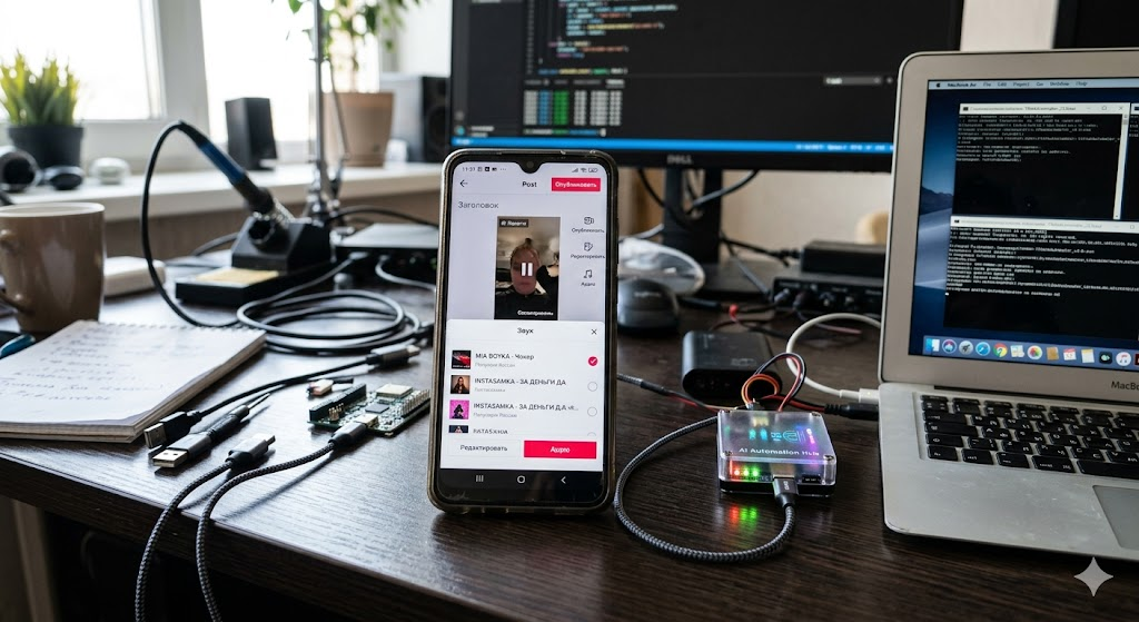 Недорогой Android-смартфон на столе как часть системы автоматизации TikTok, AI управляет устройством, открыт экран публикации видео с выбором аудио, атмосфера реального рабочего процесса, современная технологичная сцена, без текста