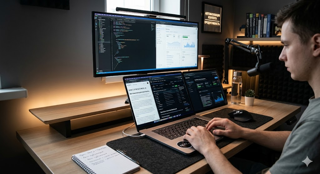 Рабочее место контент-мейкера и разработчика: ноутбук с открытым Next.js блогом, GitHub-репозиторием и панелью автоматизации OpenClaw, современный минималистичный стол, атмосфера продуктивной автоматизации контента