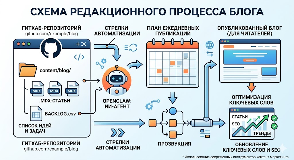 Схема редакционного процесса: GitHub-репозиторий с папкой content/blog, файл BACKLOG.csv, MDX-статьи, стрелки автоматизации, OpenClaw как AI-агент, визуализация ежедневной публикации и обновления ключевых слов