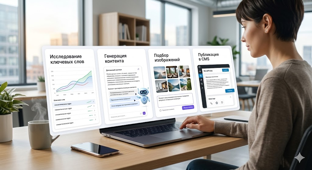 Процесс создания SEO-статьи с помощью искусственного интеллекта: экран с исследованием поисковых запросов, генерацией контента, подбором изображений и публикацией в CMS, чистая технологичная сцена, реалистично, без текста