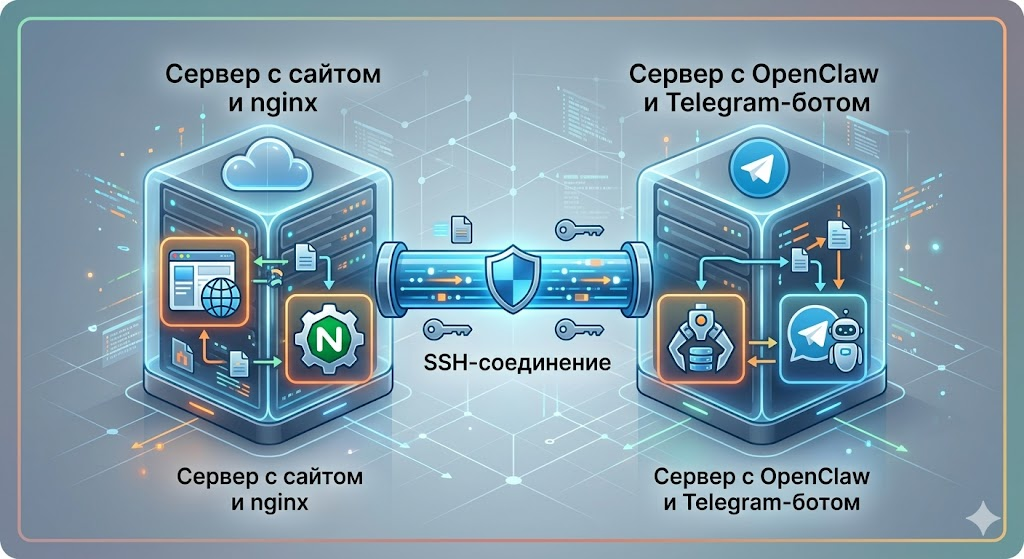 Схема из двух VPS: один сервер с сайтом и nginx, второй сервер с OpenClaw и Telegram-ботом, между ними SSH-соединение, чистая технологичная инфографика, без текста на изображении